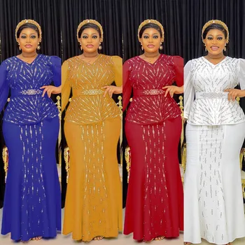 Iki Adet Set Zarif Afrika Kadınlar Boncuk Üstleri Ve Etek Takım Elbise Dashiki gelinlik Kıyafetler Akşam Parti Femme Afrika Elbiseler