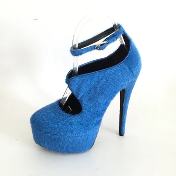 Kraliyet Mavi At Kılı Ayak Bileği Kayışı Yuvarlak Ayak Platformu Ekstra Yüksek Topuk Ayakkabı Kadın Pompaları Tokaları Zapatos Mujer platform ayakkabılar