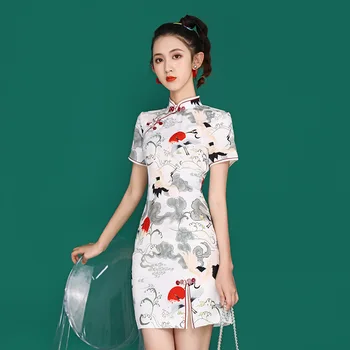Tradiation Kadın Baskı Hayvan Cheongsam Çin Kadın Akşam Parti Qipao Eski Ince Elbise Yaz Kısa Kollu Elbise Vestidos