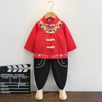 Çin Tarzı Hanfu Çocuk Boys Retro Baskı Tang Takım Elbise Üstleri Pantolon okul üniforması Seti Çocuk Qipao Gömlek Oryantal Giyim Seti