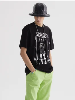 LEONSENSE Orijinal El-boyalı Erkek Baskı Kısa kollu Küçük Yaka T-shirt Siyah Pamuk Gevşek Yaz Niş Üst