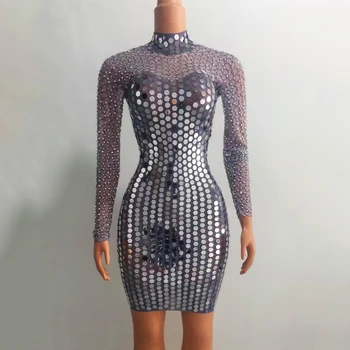 Sparkly Ayna Örgü Elmas Elbise Uzun Kollu Sequins Abiye Kadın Abiye Gece Kulübü Parti Kutup Dans Kıyafeti XS4974