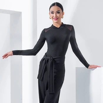Latin Dans Uygulama Elbise Siyah Bluz Tek Parça Kadın Uzun Kollu Üstleri Latin Dans Kostümleri Performans Giyim SL4355