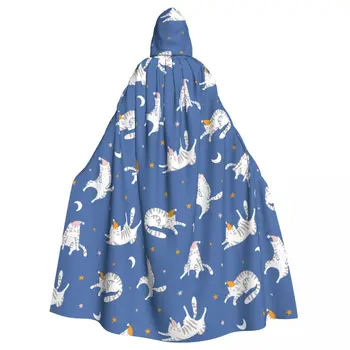 Uzun Pelerin Pelerin Sevimli Uyku Kediler Mavi Gece Yıldızlı Gökyüzü kapüşonlu pelerin Ceket Sonbahar Hoodies