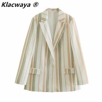 Klacwaya Kadınlar 2021 Moda Tek Düğme Baskılı Keten Çizgili Blazer Ceket Vintage Uzun Kollu Cep Kadın Giyim Şık Üst