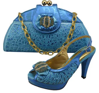 Güzel gökyüzü mavi Afrika ayakkabı maç çanta seti ile rhinestone dekorasyon kadın pompaları için parti GF8009, topuk 10 cm
