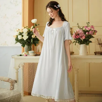 Pamuk Kısa Kollu gece elbisesi Kadın Beyaz Vintage Dantel Hem Victoria Nightgowns Uzun Elbise Sabahlık Nightie Prenses Pijama