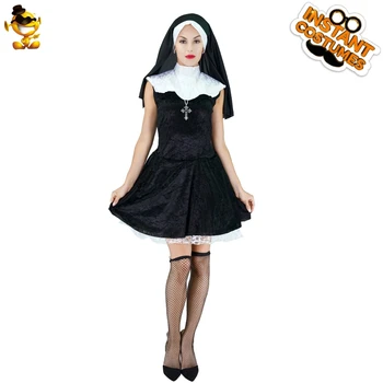 Rahibe Kostüm Kadınlar için Çapraz Kolye Kısa Siyah Elbise Kapşonlu Seti giyim Cadılar Bayramı Cosplay Parti