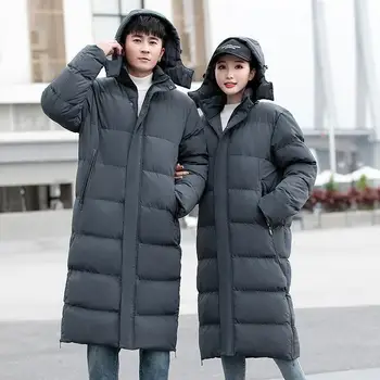 Spor pamuk ceket erkekler ve kadınlar için çiftler uzun bölüm diz üzerinde kalın sıcak pamuk mont artı boyutu ceket
