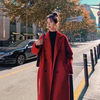 Kore Kadın İlkbahar Sonbahar Siyah Gevşek Uzun Yün Ceket Kemer Palto Bölünmüş Hem Hırka Giyim 3XL