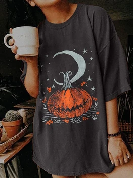 Cadılar bayramı Kabak Baskı Kadın T Shirt Kısa Kollu Damla Omuz Gevşek Vintage T Shirt Harajuku Cadılar Bayramı Partisi Tee Üstleri Giysi