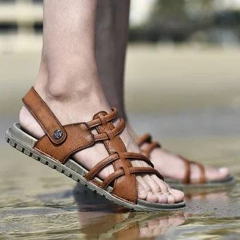 Moda erkek deri sandalet yaz nefes terlik Slip-On açık rahat spor ayakkabı düz kauçuk