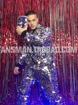 Uzun Kollu Yansıtıcı Lazer Kostüm Erkek Şarkıcı Dansçı Gümüş Sequins Gevşek Tulum Tulum Kaya Hip Hop Performans Giyim