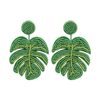 El Dokuma Küpe Yaprakları Pirinç Boncuk Abartılı Tarzı Yaratıcı Boncuklu Yaprak Küpe Yeşil düğme küpe moda takı