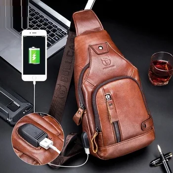  Erkekler eğilim göğüs çantası üst katman dana Açık eğlence USB şarj askılı çanta Hakiki Deri crossbody omuz çantaları