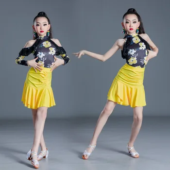 Latin Dans Uygulama Elbise Çocuklar Rumba Tulum Sarı Etek Salsa Kostümleri Profesyonel Modern Standart Dans Elbise DQL7324