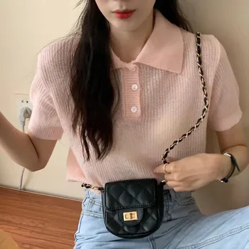Turn Down Yaka Yaz Örme T-Shirt Kadın Düğmeleri Rahat Tatlı Gömlek Üst Triko Ince Kore Kazaklar Zarif Ofis
