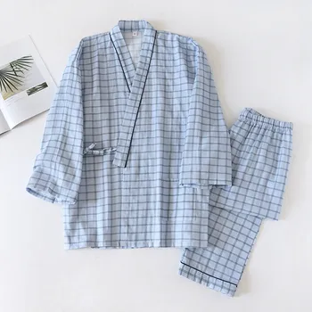 Ekose Pijama Erkekler için Japon Tarzı Kimono Yukata Setleri Üst Alt Geleneksel Pamuk Gecelik Yaz Gevşek Yumuşak Pantolon 2022