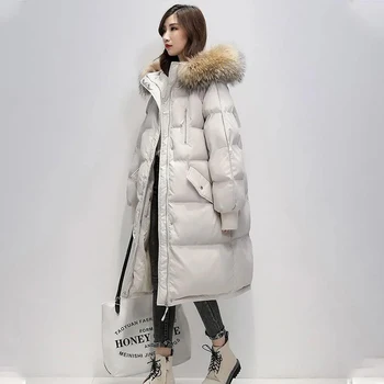 Kore Tarzı Büyük Kürk Yaka Kapşonlu Uzun Aşağı Pamuk Parkas Sıcak Gevşek Giyim Kadın Ceket kadın Kış Pamuk kapitone ceket