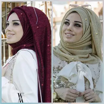 2019 Glitter Pırıltılı Pilili İslam Müslüman Başörtüsü Eşarp Şal Kadın Düz Uzun Şal Buruşuk Kırışık Maxi Hicap İnciler ile