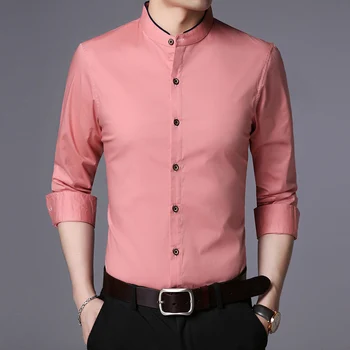 Moda Marka Gömlek Erkekler Mandarin Yaka Uzun Kollu Düzenli Fit Pamuk Sonbahar Siyah Kore Elbise Gömlek Casual Erkek Giyim