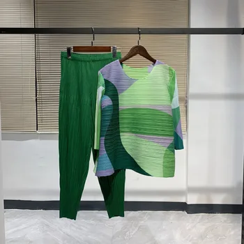 Miyake pilili sonbahar moda baskı takım elbise baskı üst + düz renk dokuz noktalı harem pantolon