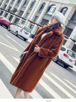 Kış Katı Sıcak Uzun Vizon Kaşmir Faux Kürk Kadın Palto Kadın Yaka Giyim Kalın Ceket Kadın Uzun Palto Giyim