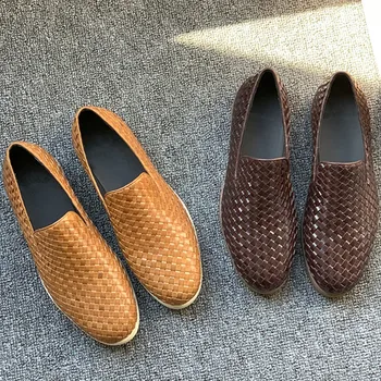 Elmsk Ayakkabı Adam İngiltere Stil Moda Vintage Hakiki Deri Örgü Katı Mokasen Düz Ayakkabı Nefes Konfor Loafer
