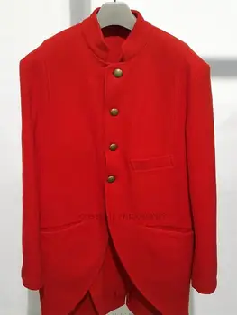 Erkek Yün Ceket Kırmızı Retro Standı Yaka Uzun Kollu Moda Kişiselleştirilmiş erkek Ceket İlkbahar Ve Sonbahar Yeni Moda Trendi