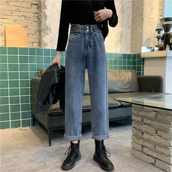 2020 Erkek Arkadaşı Kot Kadınlar İçin Yüksek Bel Kot Pantolon İlkbahar Sonbahar Vintage Düz Kot Siyah Mavi Kot Pantolon