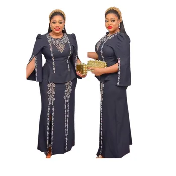 Kadınlar için afrika Giysi Sonbahar Afrika Kadınlar Üç Çeyrek Kollu O-Boyun Polyester İki Adet Setleri Üst ve Uzun Etek L-3XL