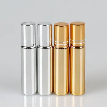200 adet/grup 10 ml Altın / Gümüş Metal Silindir Şişe Uçucu Yağlar İçin UV Roll-on Cam Şişeler Toptan