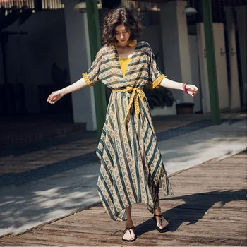 Şerit Baskılı Seksi Boho Elbise 2 adet Set Kadın Yaz Rahat Gevşek Şifon Fransız Orman Tarzı Tatil Dantel Up Düzensiz Elbise