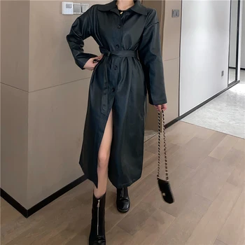 Lace Up Deri Uzun Yakışıklı kadın Ceket Zarif Gevşek Kadın Trençkot Kemer İle Yeni Moda Tek Göğüslü Ceket