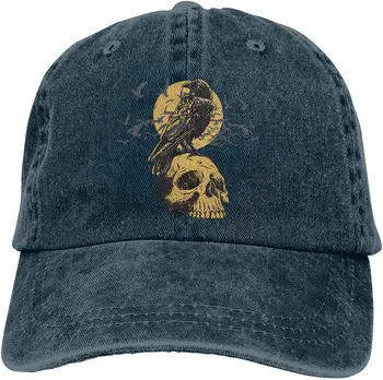 İskelet Kafatası ve Karga beyzbol şapkası Unisex geniş şapka kovboy şapkası şoför şapkası yuvarlak şapka Cowgirl şapka Siyah