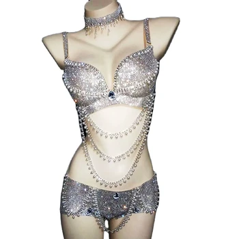 Lüks Parlayan Gümüş Veya Altın Rhinestones Kadınlar Bikini İnci Zincir Püskül Üç Parçalı Set Akşam Balo Kıyafeti Gece Kulübü Kostümleri
