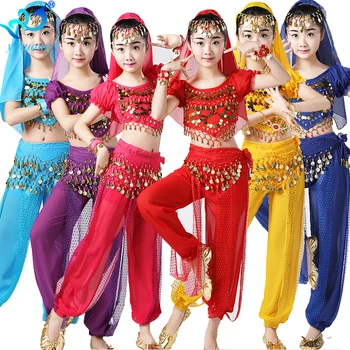 Kızlar Hint Oryantal Dans Takım Elbise Performans Giyim Kostümleri Çocuklar Oryantal Oryantal Dans Seti Çocuk Cadılar Bayramı Partisi Elbise Şifon