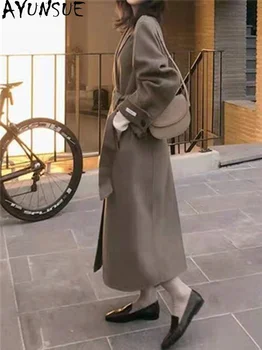 Yüksek Kalite Uzun Ceket Kadın Sonbahar Kış Kore Tarzı 100% Yün Palto ve Ceketler Parkas ıle Kemer Femme Veste