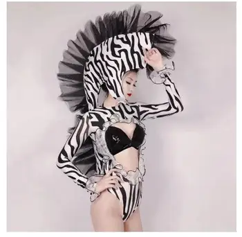 Seksi Kadın Zebra Cosplay Kostüm Bar Gece Kulübü Sahne Performansı Hayvan Rol Oynayan Kıyafetler Dansçı Takım Gösterisi Elbise
