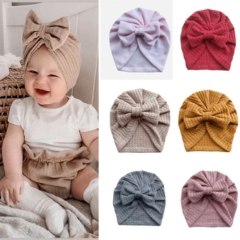 Sevimli Büyük Yaylar Bebek Şapka Türban Yumuşak Pamuklu Bebek Kız Şapka Bere Yenidoğan Fotoğraf Sahne Düz Renk Bebek Çocuk Kap Şapkalar