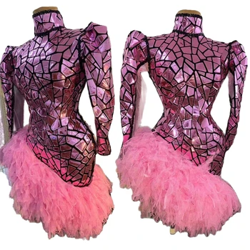 Köpüklü Sequins Uzun Kollu Gazlı Bez Basamaklı Fırfır Asimetrik Elbise Kadın Balıkçı Yaka Bar Balo Şarkıcı Gece Kulübü Kıyafeti