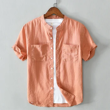 Yaz yeni stil 100 % keten marka gömlek erkekler standı yaka katı gömlek erkekler için rahat nefes gömlek erkek çift cepler camisa