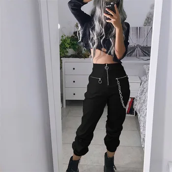 BKLD 2019 Yeni Kadın harem pantolon Rahat Yüksek Bel Zip Up Siyah Pantolon Kadınlar Için Sonbahar Streetwear Kargo zincirli pantolon