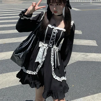 Sonbahar Japon Siyah Gotik Lolita Elbise Vintage Victoria Yumuşak Kız Sevimli Yay Dantel-up Ruffles Prenses Elbise Kadın Punk Elbiseler