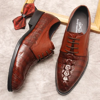 Siyah Oxford Ayakkabı Erkekler İçin Timsah Desen Hakiki İnek Deri Zarif Erkek Elbise Ayakkabı Siyah Kahverengi Lace Up Düğün Resmi Ayakkabı