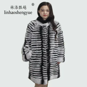 Linhaoshengyue 2020 Gerçek Kürk 90cm Uzunluk Tavşan Kürk Kadın Ceket moda sıcak Kış Ücretsiz Kargo