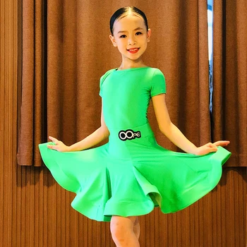 Kızlar Latin Dans Yarışması Elbise Kısa Kollu Düzenleme dans kostümü Balo Salonu Cha Cha Elbise Taze Yeşil Renk Elbise 4183