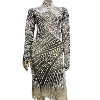 Elmas Çizgili Püskül Kadın Uzun Kollu Elbise Sparkly Elbise Gece Kulübü Şarkıcı Kostümleri Kadın Sahne Giyim Festivali Giyim