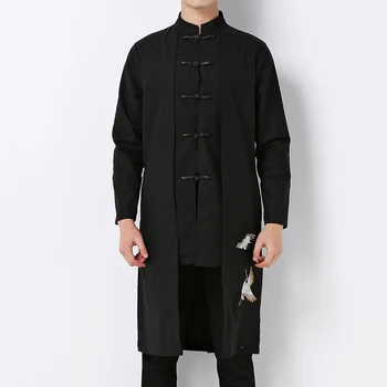Çin tarzı Tang Hanedanı erkekler uzun ceket Tek göğüslü pamuk ve keten ceket ve ceket beyaz vinç nakış siyah ceketler