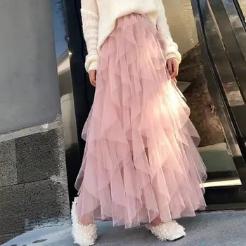 2022 İlkbahar Yaz kadın Pembe Tutu Tül Uzun Etekler Elastik Yüksek Bel Örgü Düzensiz Pileli Maxi Etek Jupe Femme Y931